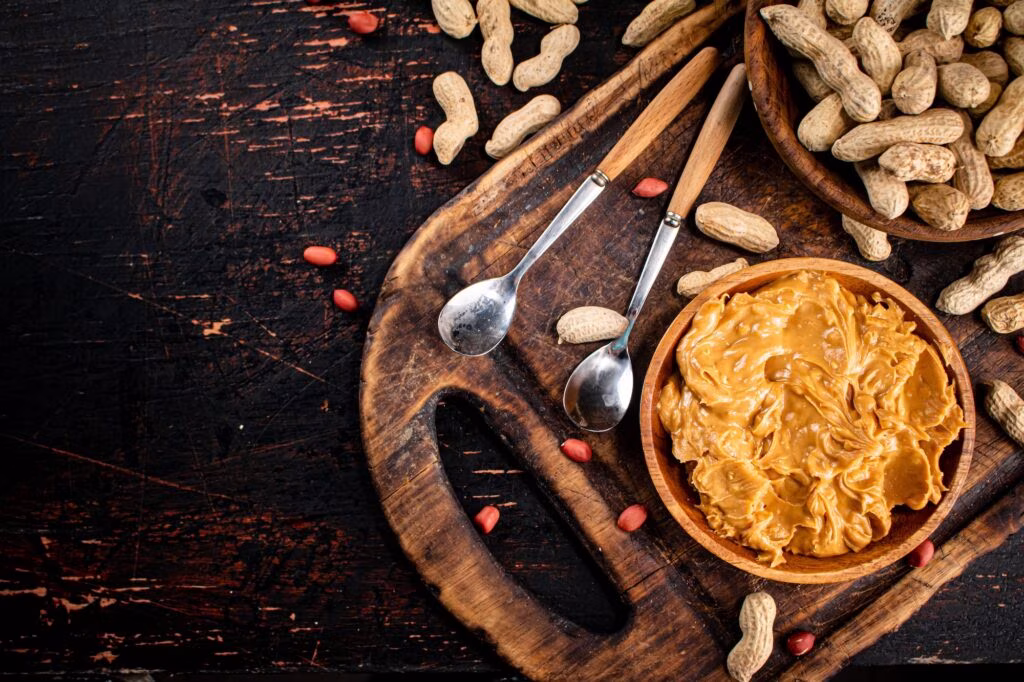 Peanut butter and inshell peanuts on a cutting board.